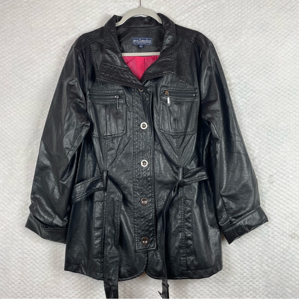 🔥Lane Crawford Belted Buttons Closure Black Faux Leather Jacket Size L